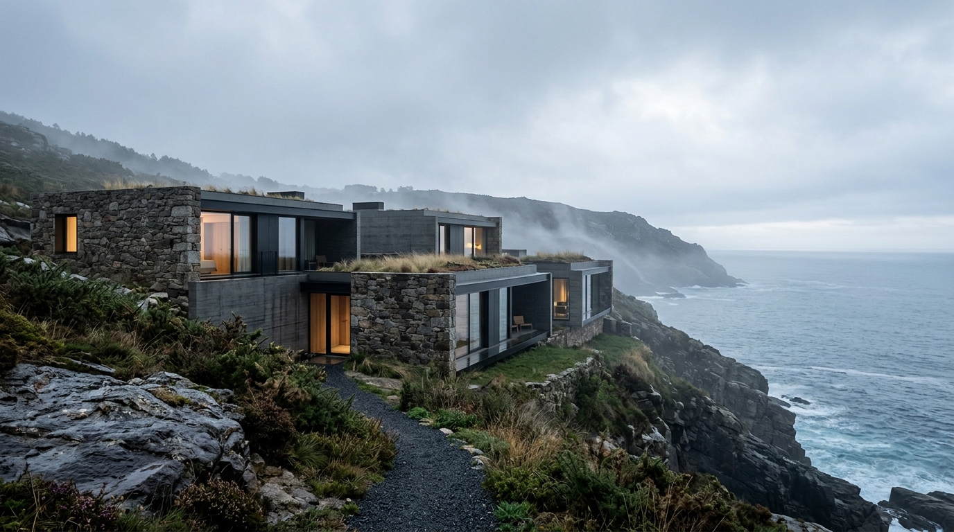 Exterior del proyecto conceptual BRUMA integrado en la costa atlántica