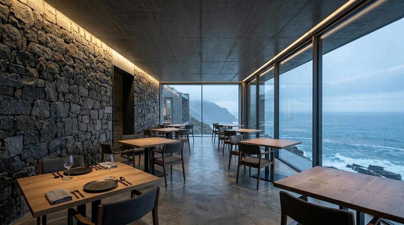 Restaurante del proyecto conceptual BRUMA frente al océano